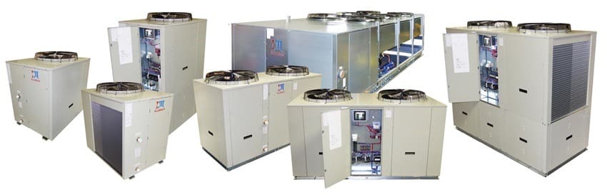 A collection of diverse air-cooled scroll chillers displayed together, showcasing different styles and sizes of cooling equipment.