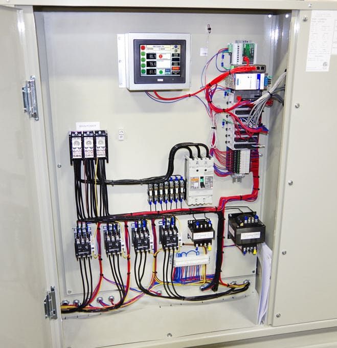 A panel featuring various electrical equipment and wires, showcasing a complex arrangement of connections and components.