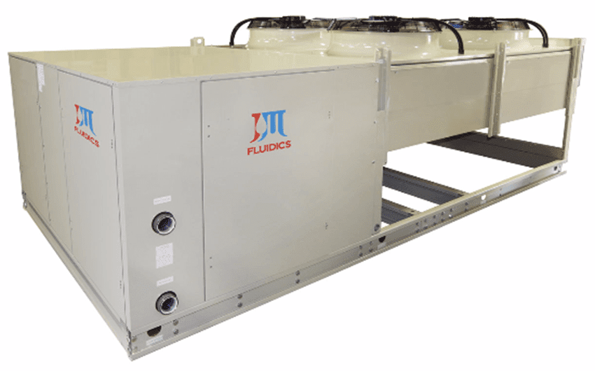 A modern air-cooled chiller utilized for effective cooling, highlighting its sleek structure and operational efficiency.