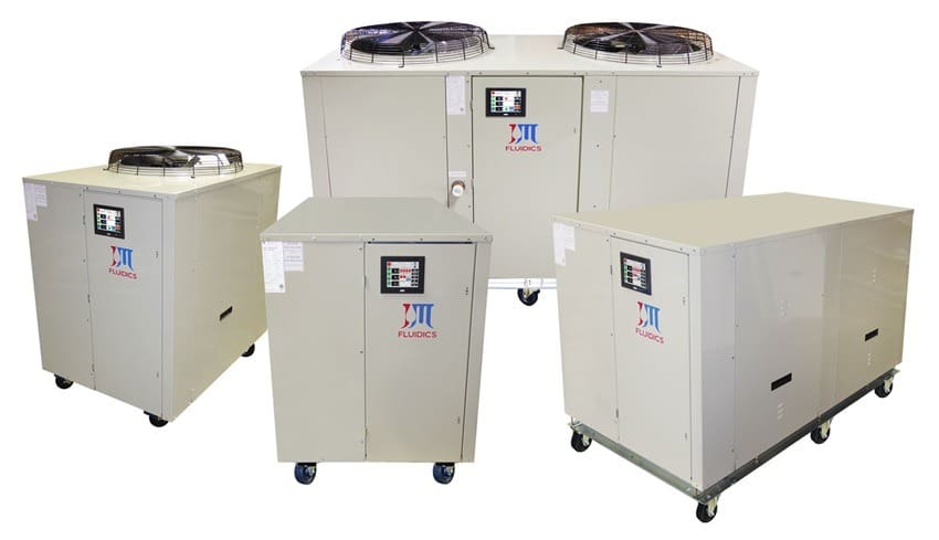 Three portable air conditioners on wheels alongside a fan, arranged neatly in a well-lit room.
