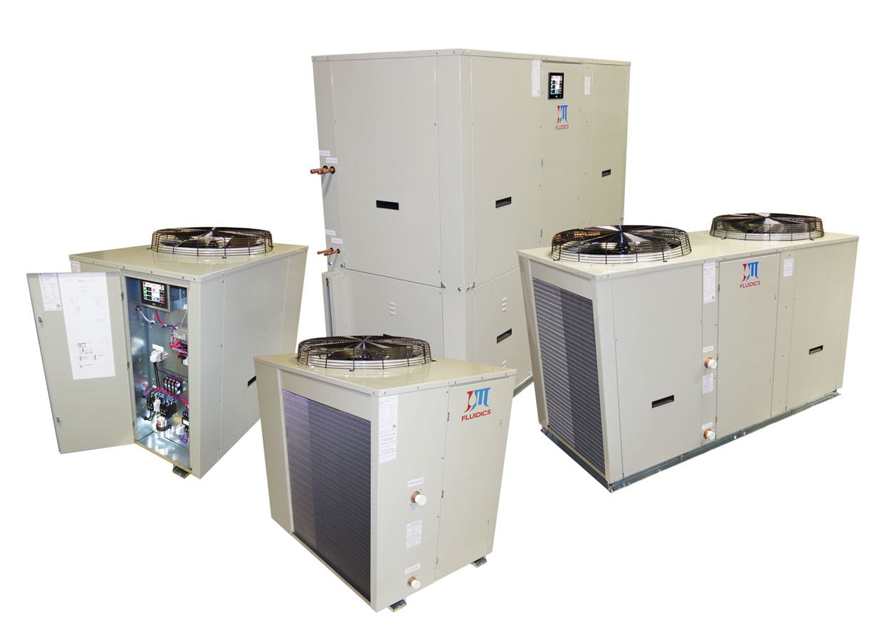 Group of air cooled process chillers showing open electrical cabinets, condenser coils, and varying tonnage