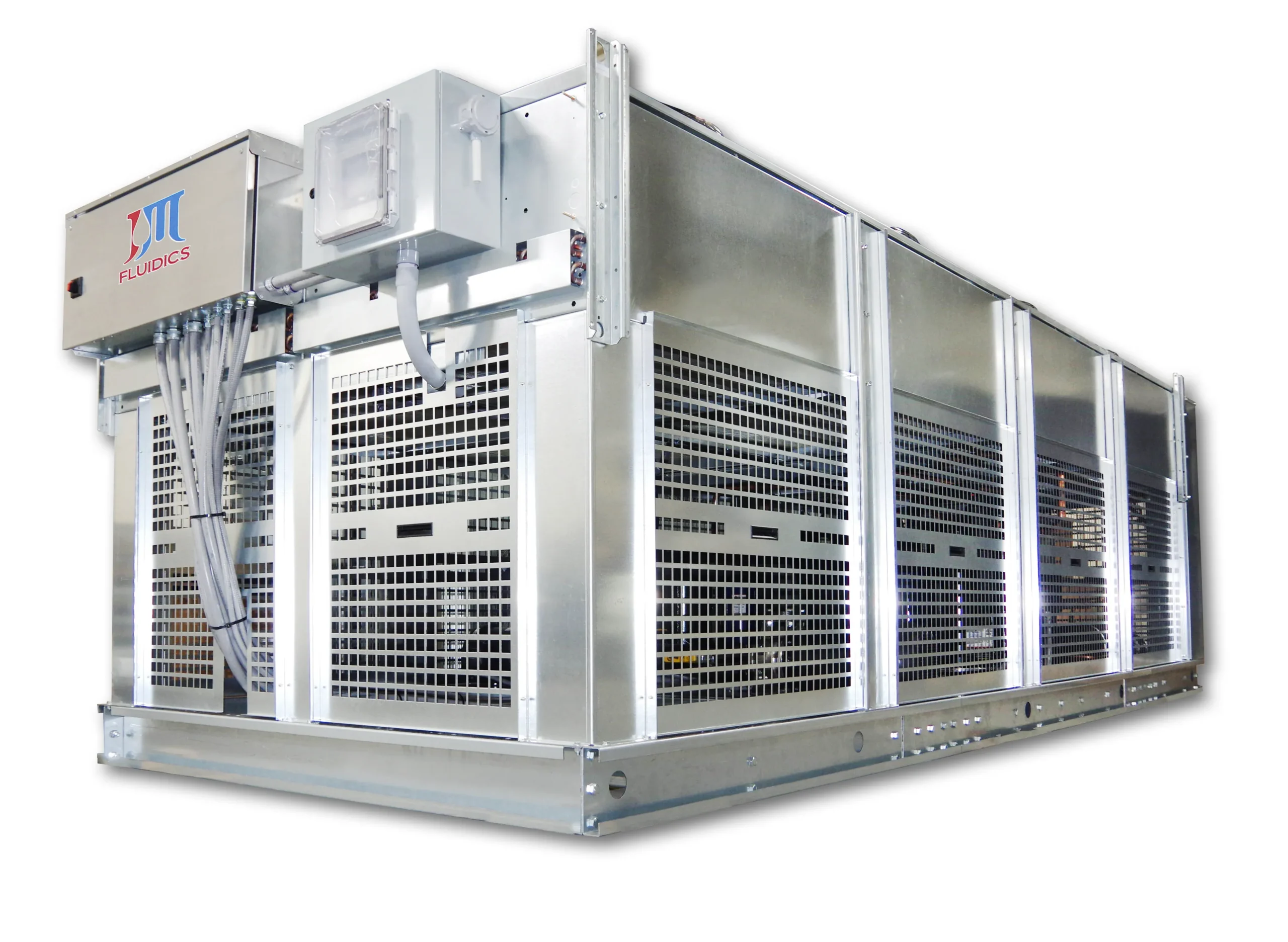 Custom 75 ton quad circuit process chiller unit. With 8 condenser fans and protective pipe caging. Drop shadow effect.