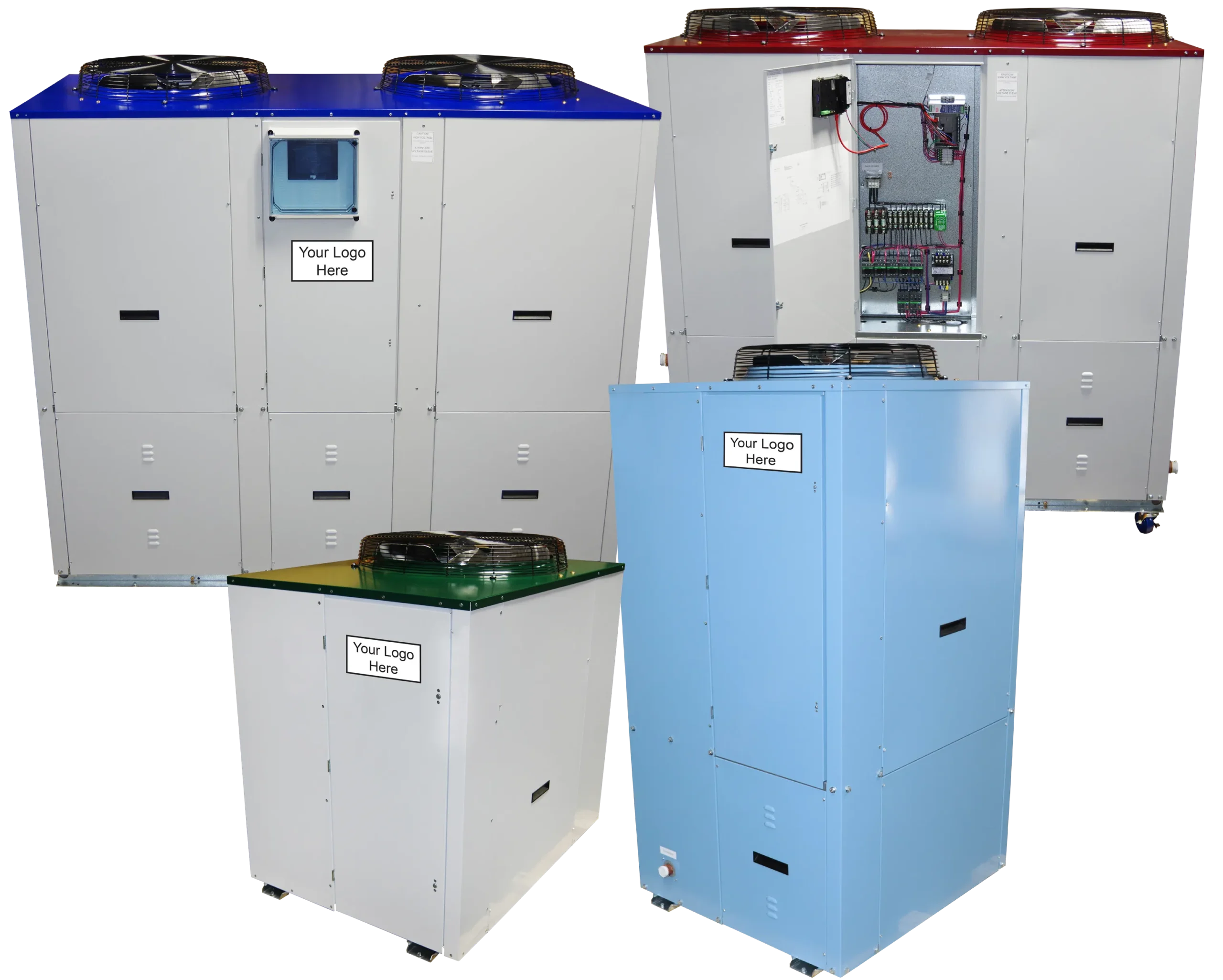 Custom chillers with varying colors and options for private labeling.